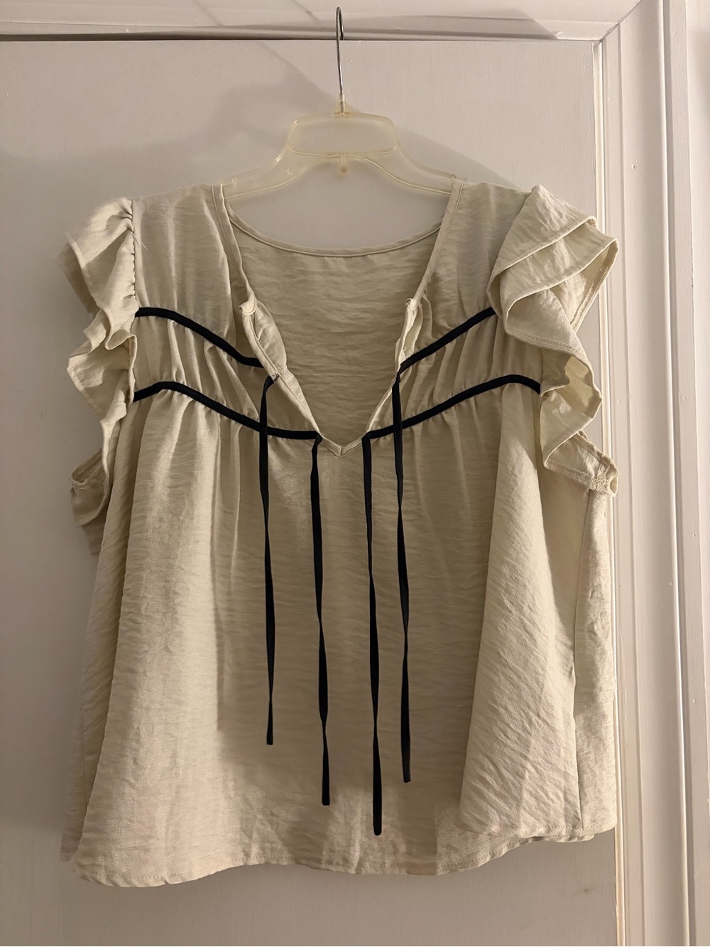 SHEIN Cream Ruffle Sleeve Blouse with Black Ribbon Detail
